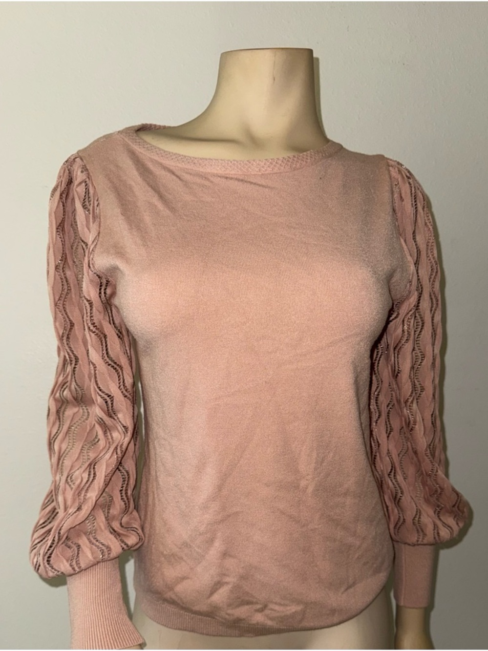 A. Giannetti Dusty Rose Knit Top with Sheer Lace Sleeves